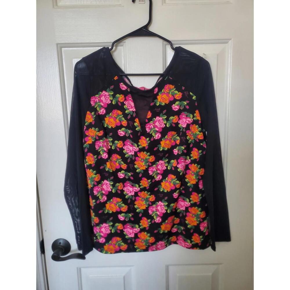 Betsey Johnson Long Sleeve Floral Print Blouse Sz XLarge Black Sheer Mesh Sleeve